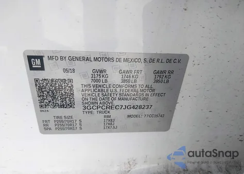 2018 Chevrolet Silverado 1500 1Lt из США, поврежденный, VIN 3GCPCREC7JG428237